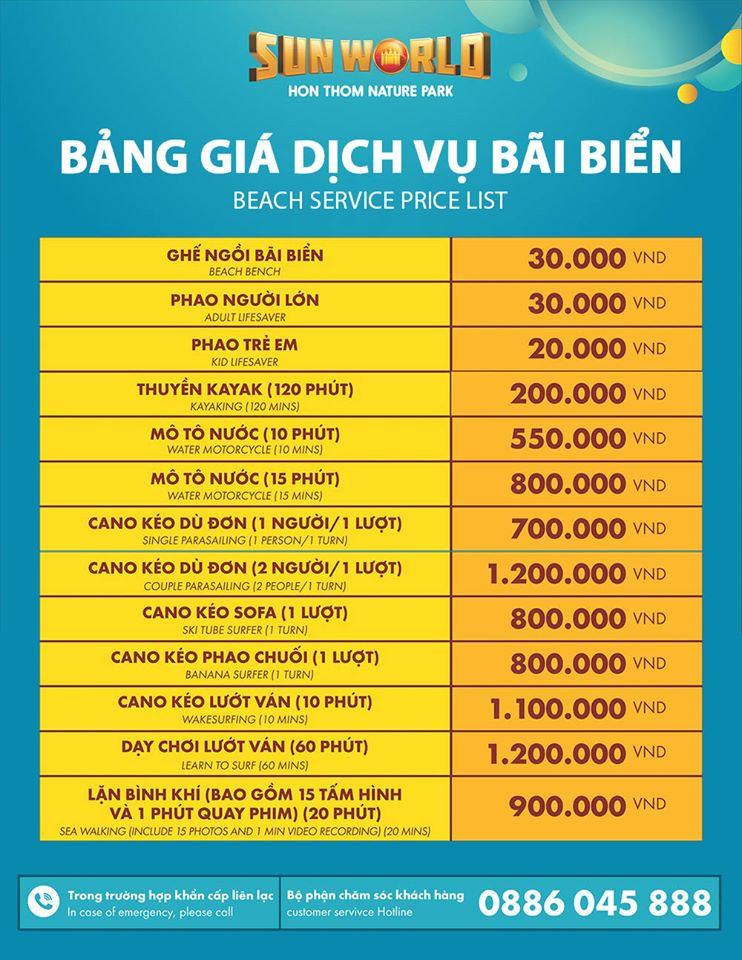 Bảng giá dịch vụ tại Hòn Thơm